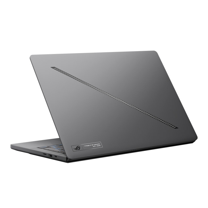 A rear view of the ROG Zephyrus G14 (2025), with the lid half open