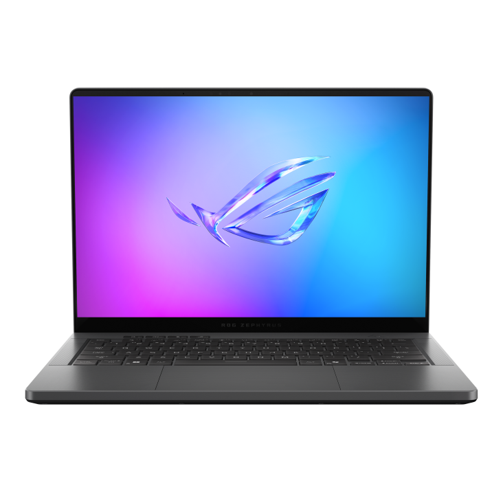 Front view of the ROG Zephyrus G14 (2025), with the ROG Fearless Eye logo visible on screen and the keyboard visible