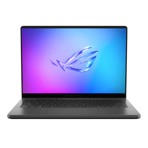 Front view of the ROG Zephyrus G14 (2025), with the ROG Fearless Eye logo visible on screen and the keyboard visible