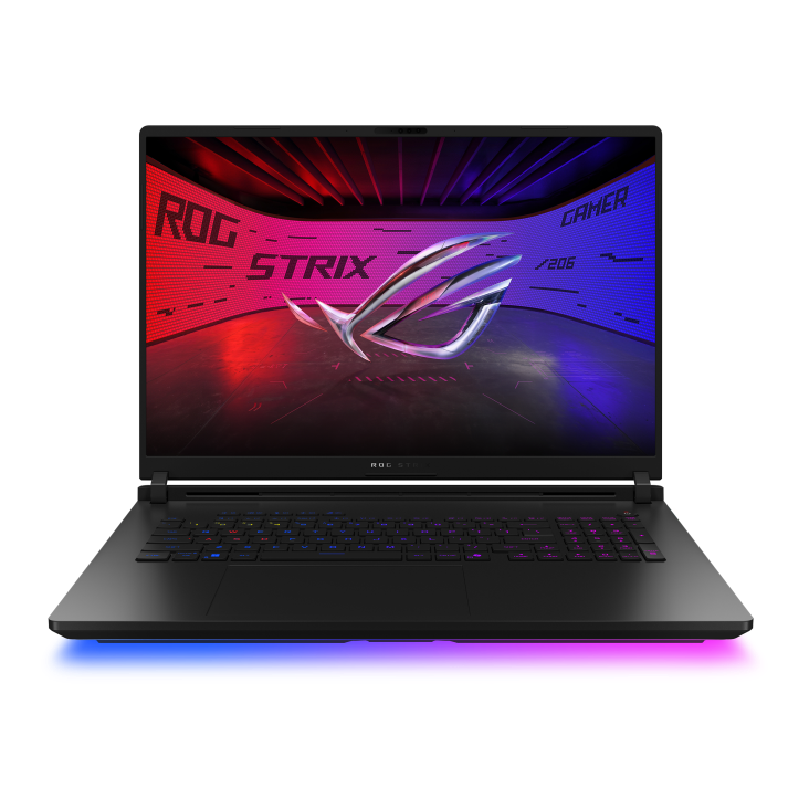 Front view of the Strix SCAR 18, with the ROG Fearless Eye logo visible on screen and the keyboard visible