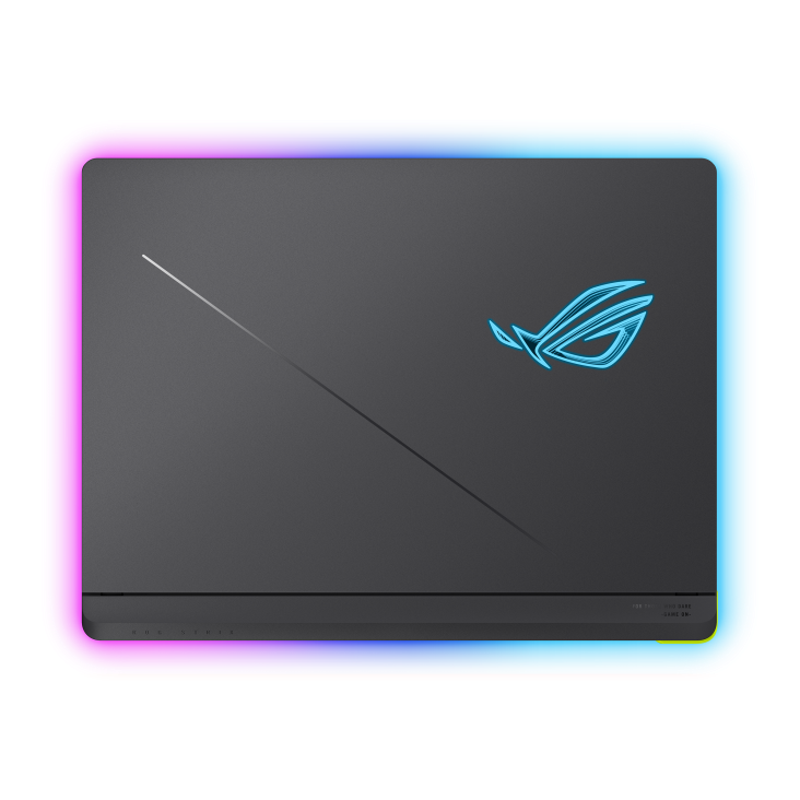 Off center shot of the front of the Strix G16, with the ROG Fearless Eye logo on screen
