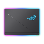 Off center shot of the front of the Strix G16, with the ROG Fearless Eye logo on screen