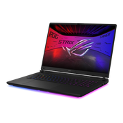 Off center shot of the front of the Strix SCAR 18, with the ROG Fearless Eye logo on screen