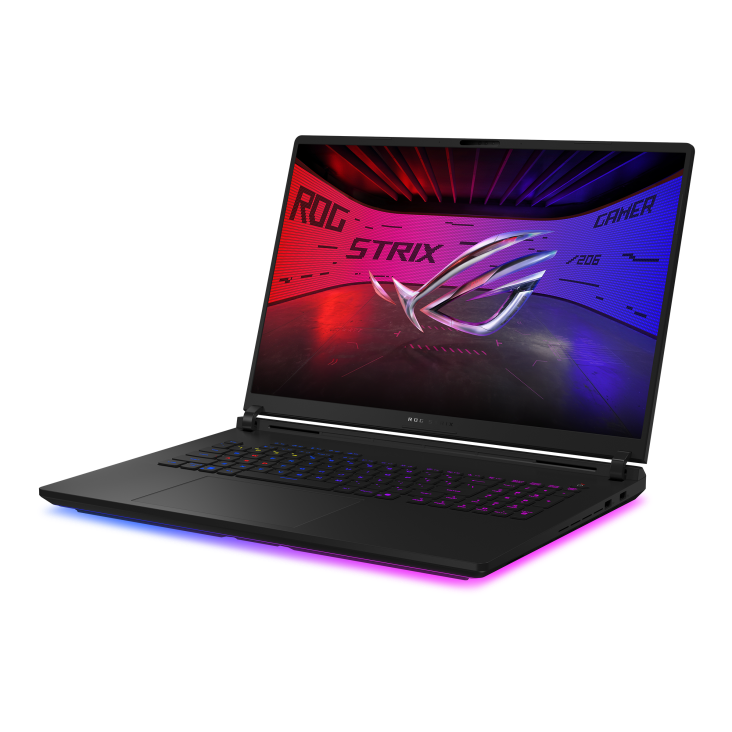 Off center shot of the front of the Strix SCAR 18, with the ROG Fearless Eye logo on screen