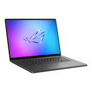 Off center shot of the front of the ROG Zephyrus G16 (2025), with the ROG Fearless Eye logo on screen