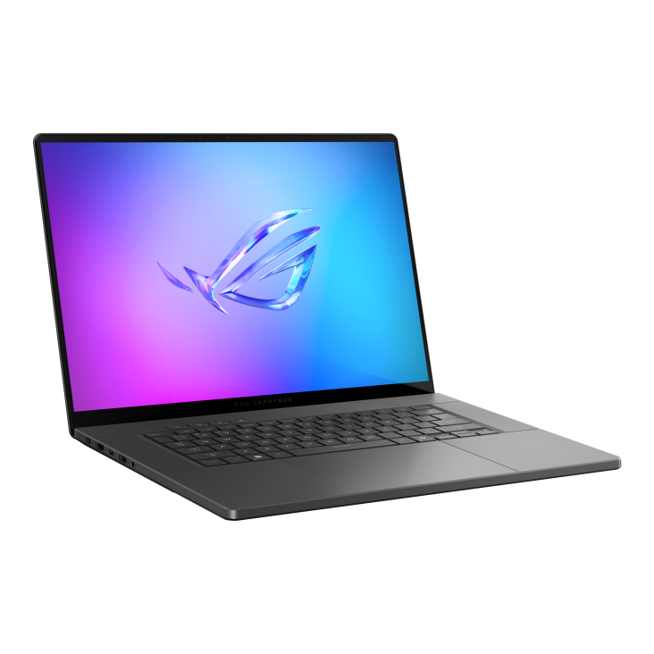 Off center shot of the front of the ROG Zephyrus G16 (2025), with the ROG Fearless Eye logo on screen