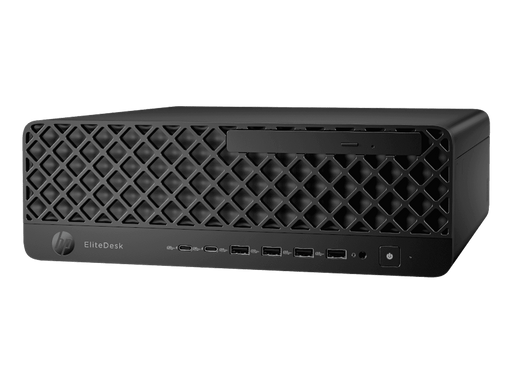 Black computer case with 'EliteDesk' branding on a white background