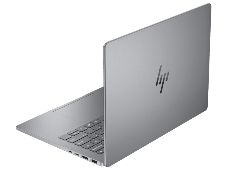 Silver HP laptop on a transparent background