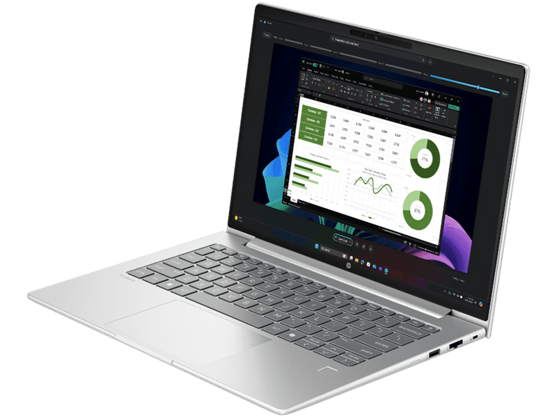 Slim side profile of HP ProBook 14-inch laptop showing USB-C ports and anti-glare screen