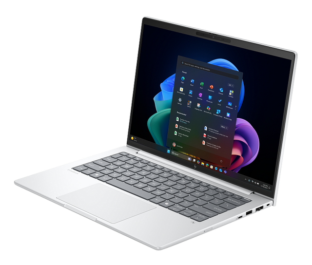 Off center shot of the front of the Elitebook 8 G1i 14-inch laptoop.