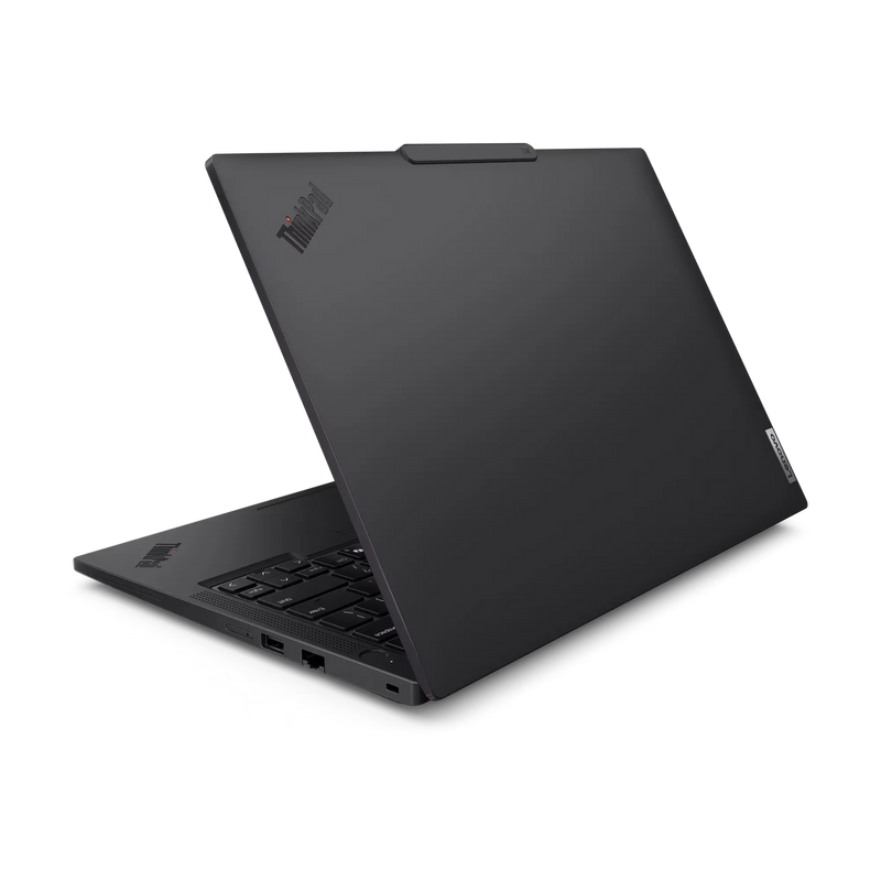 A rear view of the Lenovo T14 Gen 6 Notebook, with the lid half open