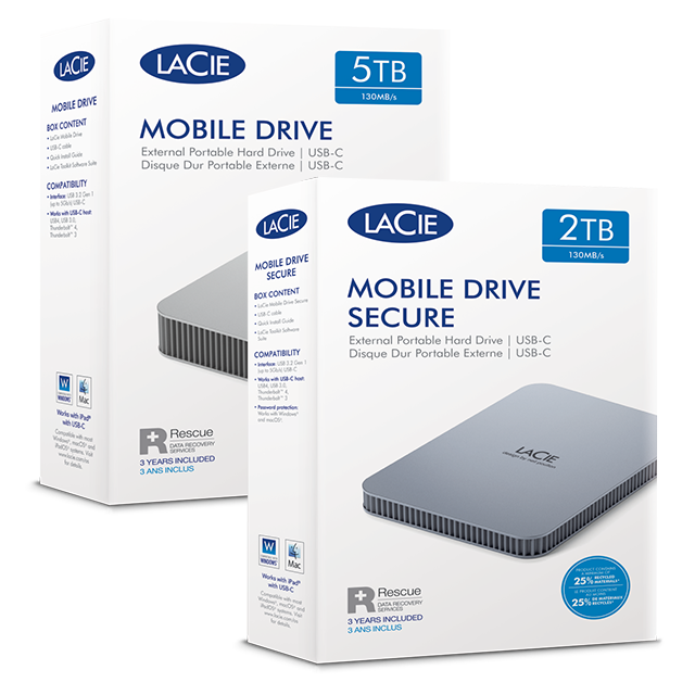 LaCie Mobile Drive V2; External Portable; 2TB; USB-C; Moon Silver