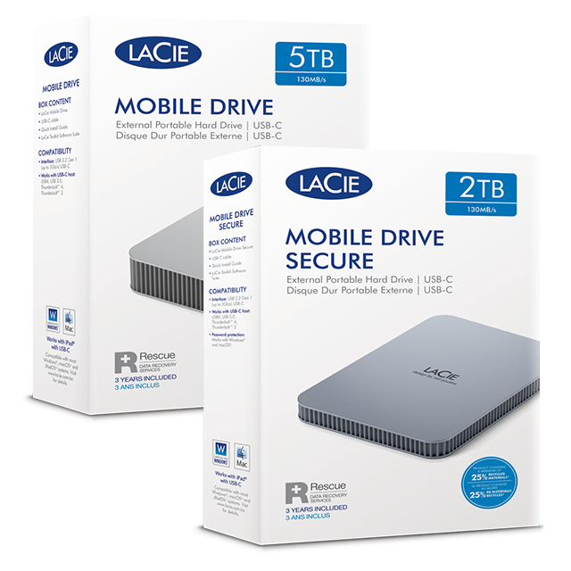 LaCie Mobile Drive V2; External Portable; 4TB; USB-C; Moon Silver