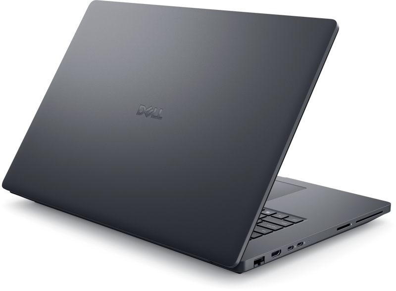 A rear view of the Dell Pro Max 18 Plus workstaion, with the lid half open