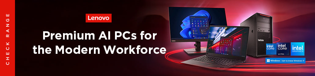 Lenovo advertisement for premium AI PCs with a laptop, desktop, and monitor on a dark background.