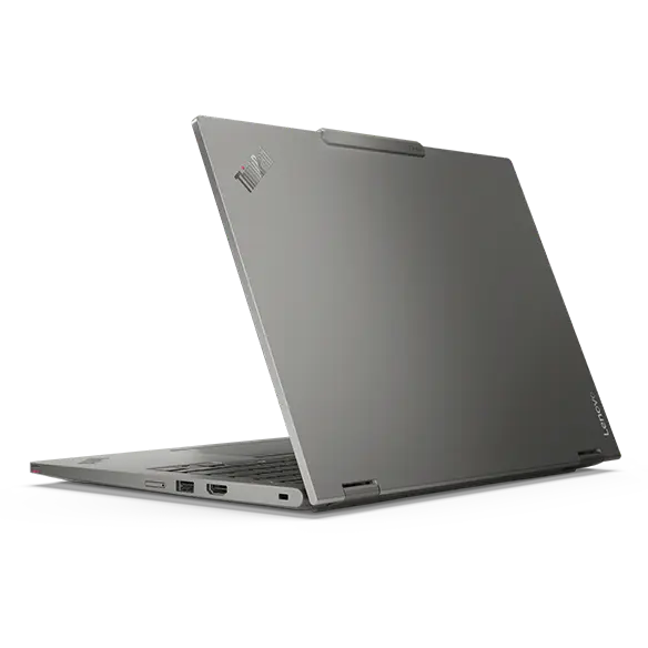 A rear view of the Lenovo L13 2-in-1 G6 laptop, with the lid half open