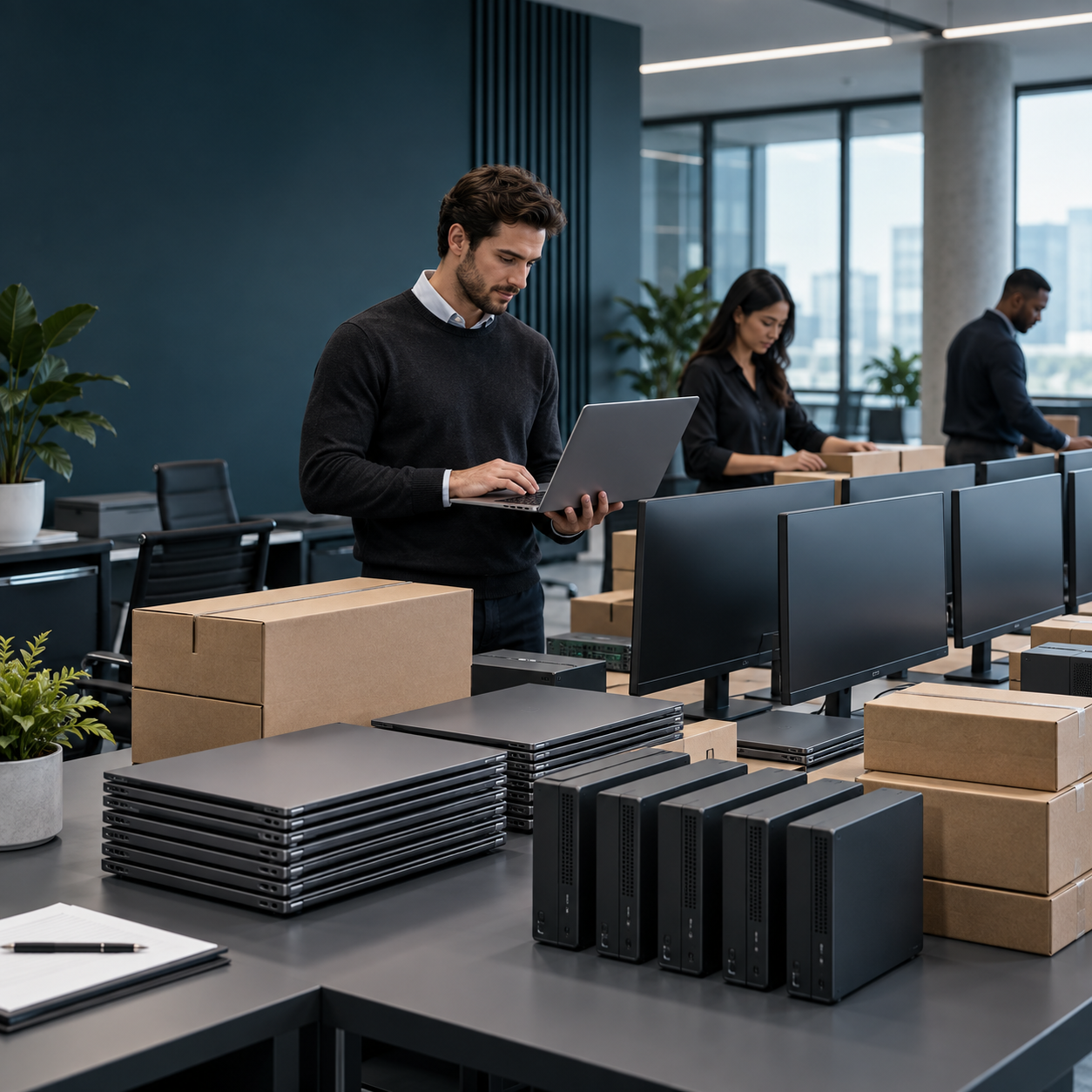 Business technology equipment prepared for a team rollout