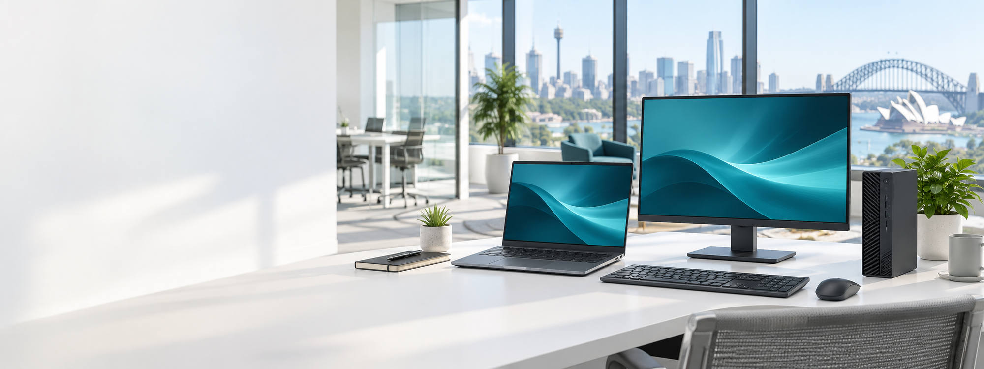 Business laptop, desktop computer and monitor in a modern Sydney office
