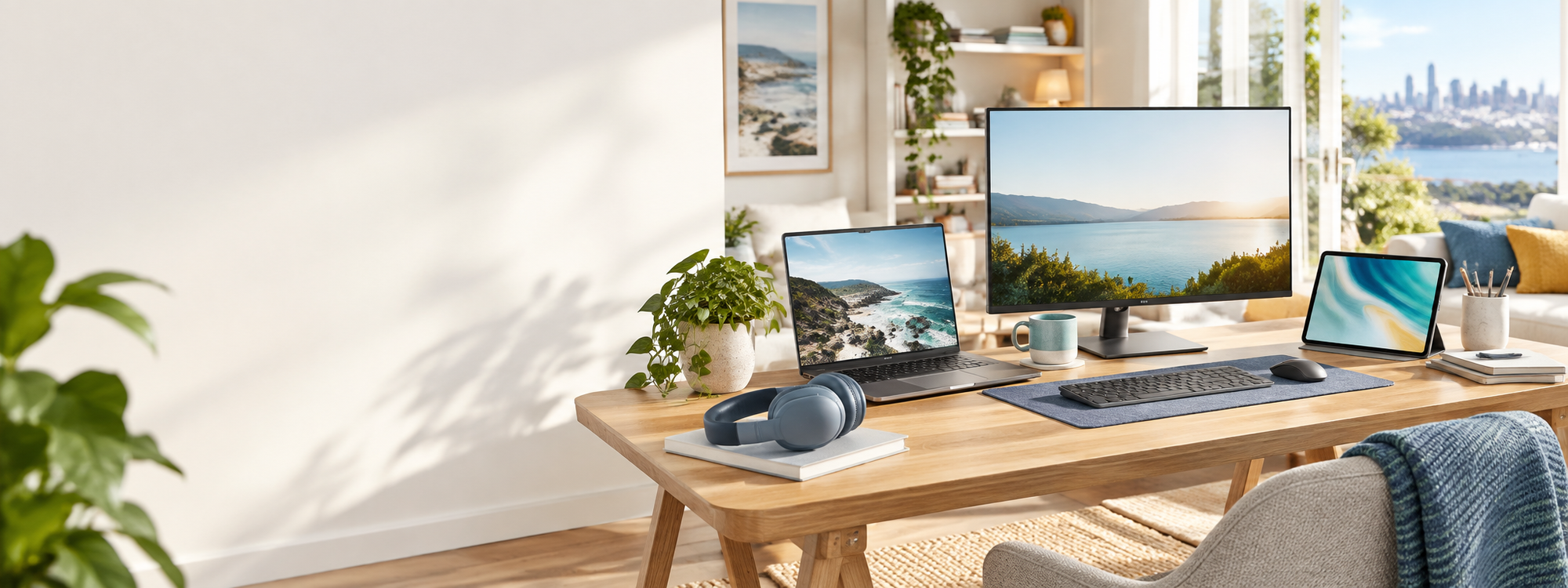 Laptop, monitor and tablet in a bright home workspace