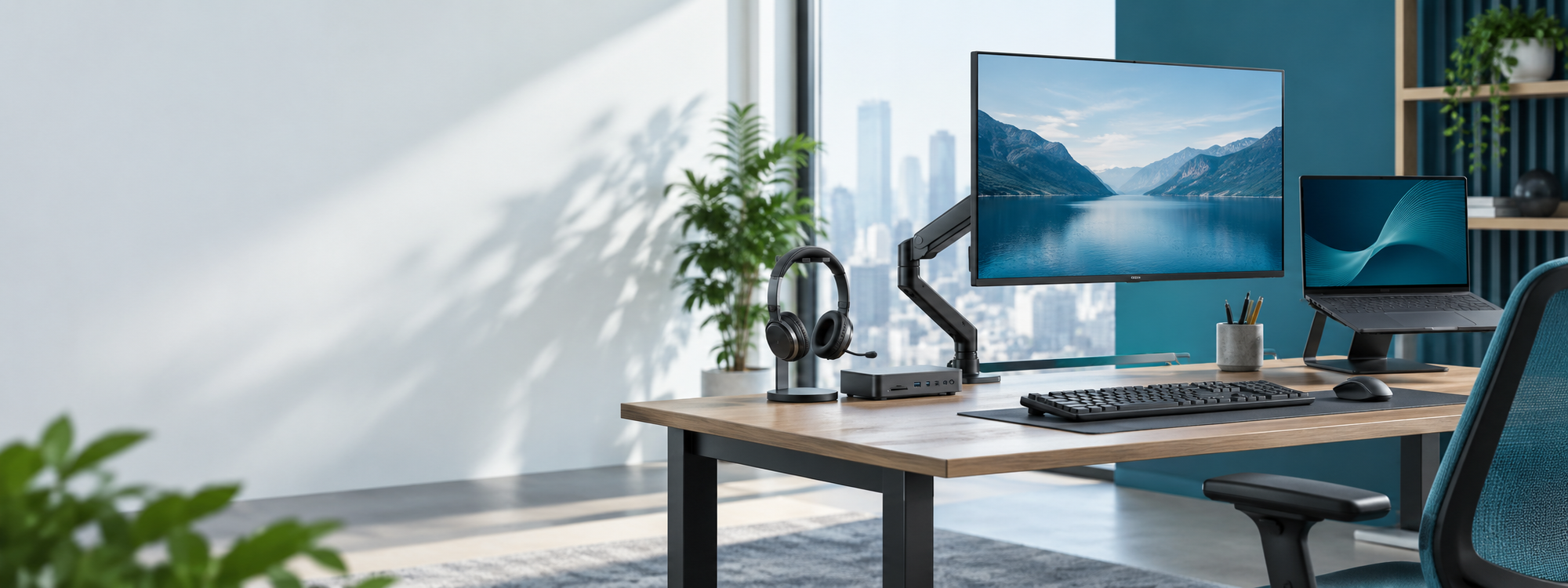 Ergonomic business workstation with monitor arm, headset and docking station