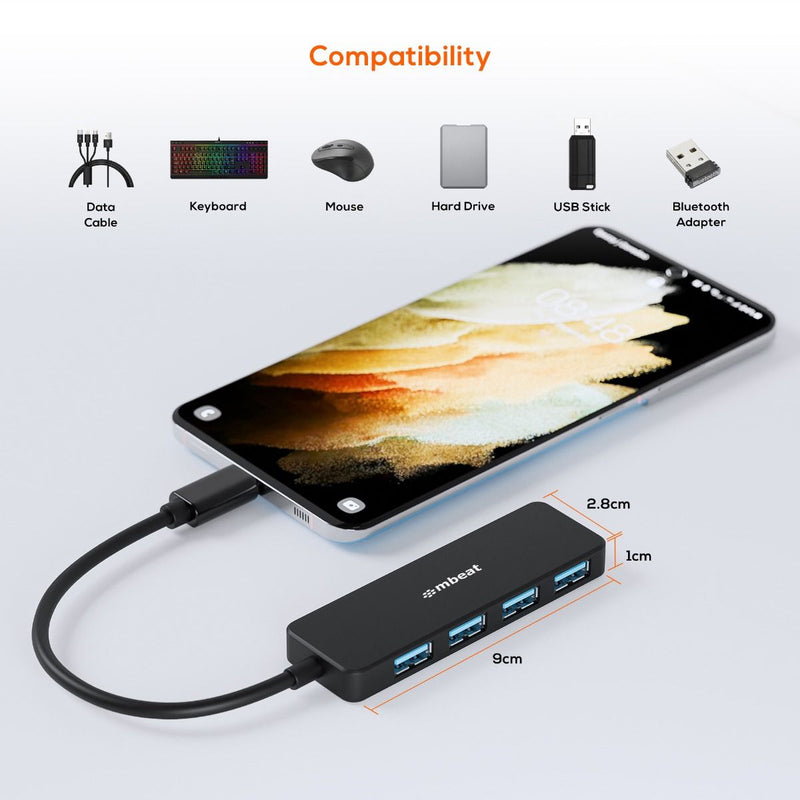 mbeat 4-Port USB-C Hub with USB-C DC Port Compact & Portable