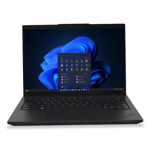 Front view of the Lenovo L14 Gen 6 Notebook and the keyboard visible