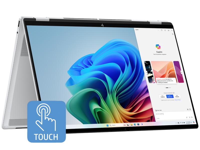 Laptop with a colorful display and touch icon on a white background