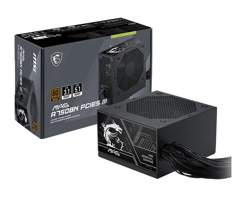 MSI MAG A750BN PCIe5 III 750W 80 Plus Bronze ATX Power Supply Non Modular PSU