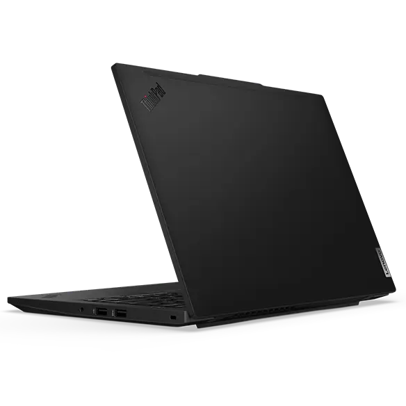 A rear view of the Lenovo L14 G6 black, with the lid half open