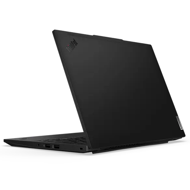 A rear view of the ThinkPad x1 g13 Laptop, with the lid half open.