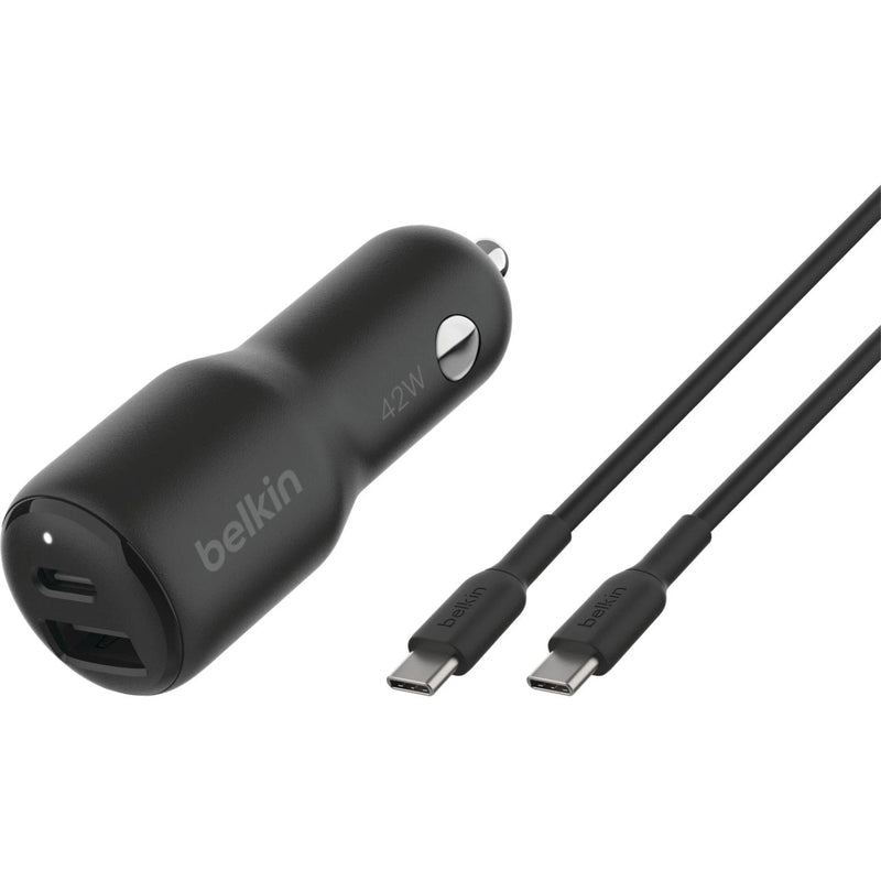 BELKIN 2 PORT CAR CHARGER, 30W USB-C (1) PD, 12W USB-A (1), BLACK, - CCB005BTBK