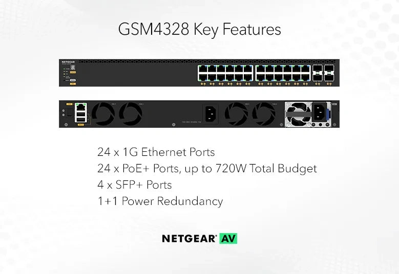 NETGEAR 28 Port Managed L3 PoE+ Switch 24x 1G PoE+ 4x 10G SFP+ Lifetime