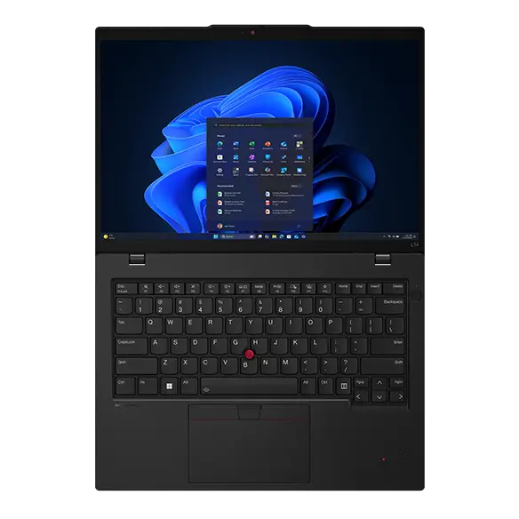 A Lenovo L14 Gen 6 laptop, fully folded down to 180° to accentuate the hinge actuation range.