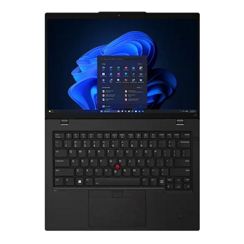 Front view of the ThinkPad x1 g13, fully folded down to 180° to accentuate the hinge actuation range.