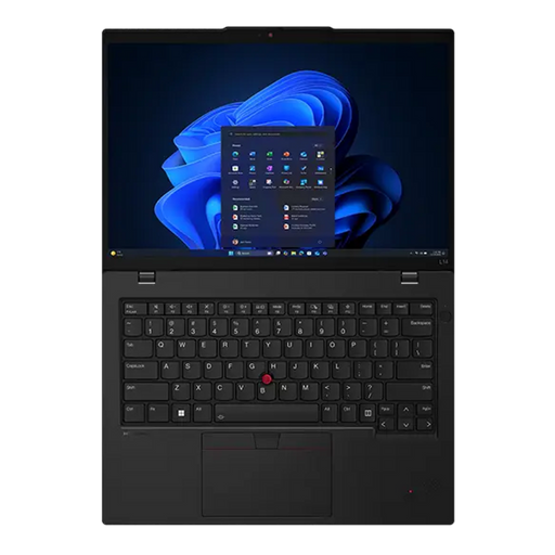 Front view of the ThinkPad x1 g13, fully folded down to 180° to accentuate the hinge actuation range.