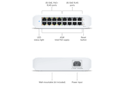 UBIQUITI UniFi SWITCH LITE 16 POE, 16 GbE PORT (8 PoE+), 45W, WALL MOUNT KIT INCLUDED