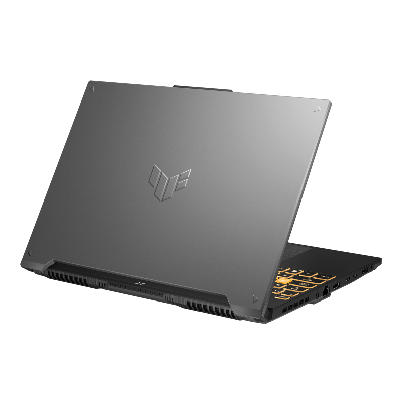 A rear view of the TUF Gaming F16, with the lid half open