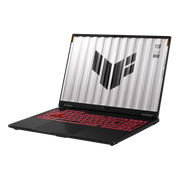 Off center shot of the front of the TUF Gaming A16 (2024), with the TUF Gaming logo on screen