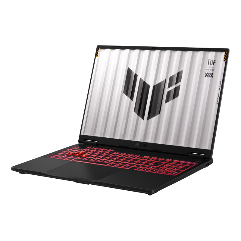 Off center shot of the front of the TUF Gaming A16 (2024), with the TUF Gaming logo on screen