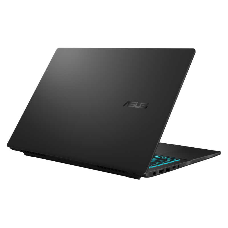 Rear view of ASUS V16 gaming laptop with multiple ports including USB-C, HDMI, and air exhaust design