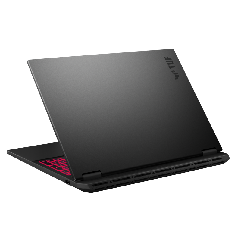 A rear view of the TUF Gaming A16 (2024), with the lid half open