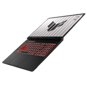 A ASUS TUF Gaming A16 (2024) with the TUF Gaming logo on screen, fully folded down to 180° to accentuate the hinge actuation range.