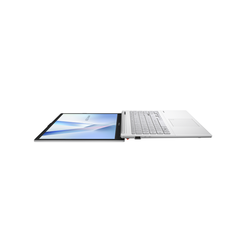 ASUS Vivobook Go 15 laptop, fully folded down to 180° to accentuate the hinge actuation range.