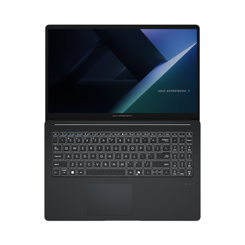 A ASUS ExpertBook B1, fully folded down to 180° to accentuate the hinge actuation range.