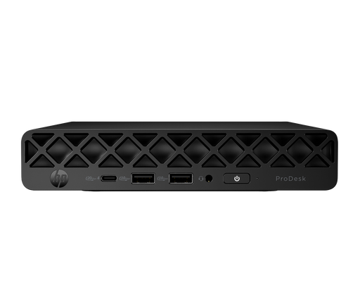 Front view of the HP ProDesk 4 Mini G1i Black computer tower on a white background