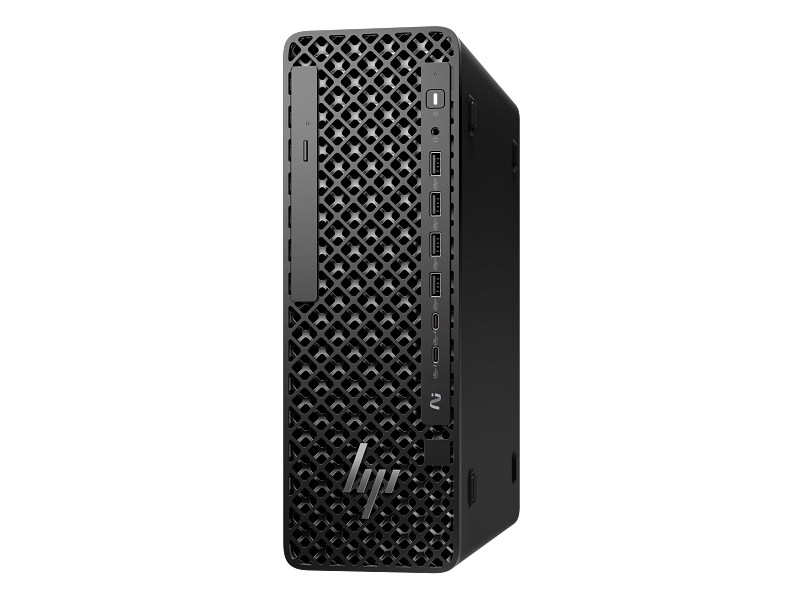 Black HP desktop computer tower on a white background