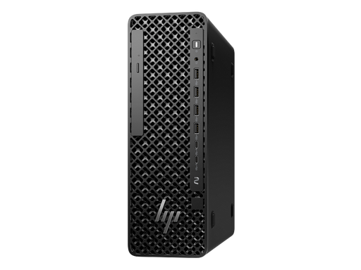Black HP desktop computer tower on a white background