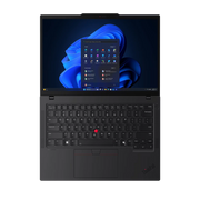 A Lenovo T14 G6 Notebook, fully folded down to 180° to accentuate the hinge actuation range.